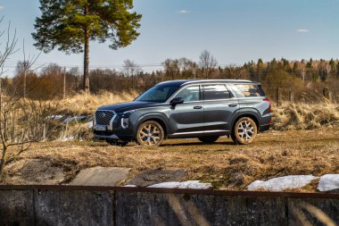 MOSCOW, RUSSIA - 10 Nisan 2021 Hyundai Palisade LX2 dış görünüş. Hyundai Palisade dış görünüşü doğa arka planına yakın. Off-road engeli.