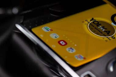 MOSCOW, RUSSIA - 07 Mart 2021 Skoda Kodiaq, model yıl 2021. 4WD SUV. Yeni Skoda Kodiaq. İç ayrıntılar.