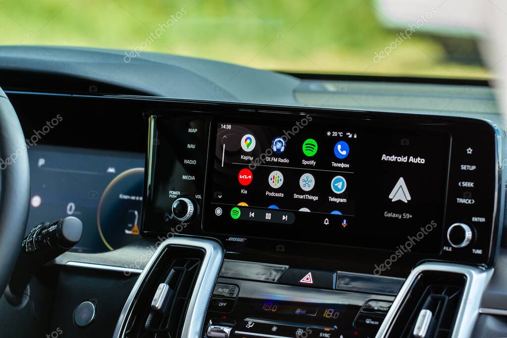 MOSCOW, RUSSIA - MAY 25, 2021 Android Auto on the screen. Homescreen. Modern car. Interior close up. Car media close up view. Homescreen.