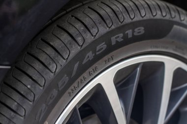 Close up view of tire with tire width, height and wheel diameter designation. Tire size types labels. clipart