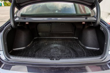 MOSCOW, RUSSIA - 15 AĞUSTOS 2021 Hyundai Sonata 8. nesil (DN8), orta büyüklükte bir sedan otomobil modelidir. İç mekan görüntüsü. Hyundai Sonata 'nın iç detayları..