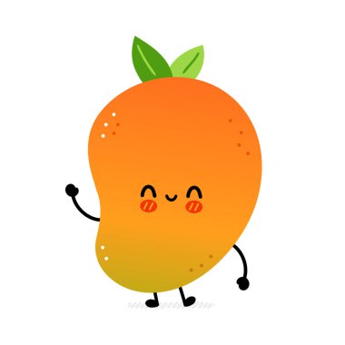 Şirin mango meyvesi. Vektör el çizimi çizgi film kawaii karakter çizimi simgesi. Beyaz arka planda izole edilmiş. Mango egzotik bebek meyve karakteri konsepti