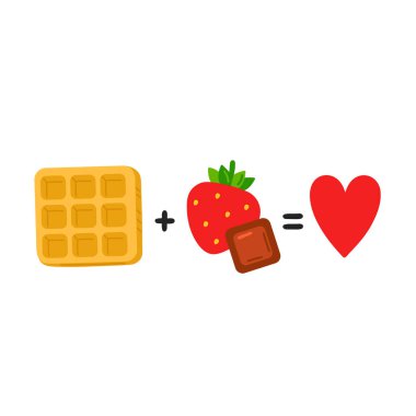 Waffle artı çilek, çikolata eşittir aşk. Sevimli komik poster, kart illüstrasyonu. Vektör karikatür çizim simgesi. Beyaz arka planda izole edilmiş. Waffle, çikolata, çilek, komik denklem kavramı.
