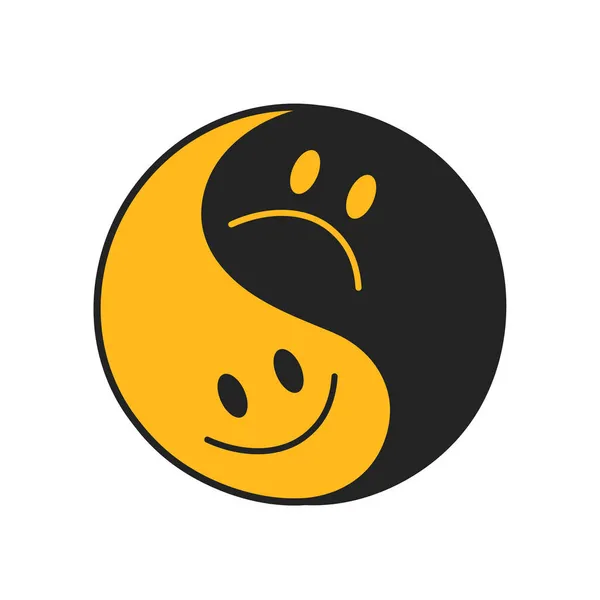 Símbolo Yin Yang abstrato com sorriso feliz e rosto triste. Vector mão desenhada desenho animado doodle ícone de ilustração. Isolado em fundo branco. Yin Yang impressão para t-shirt, conceito de cartaz — Vetor de Stock