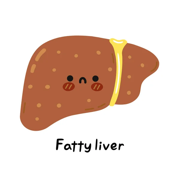 伤心欲绝有趣的脂肪肝器官性格.矢量手绘卡通人物插图图标.被白色背景隔离。人体肝脏脂肪，病态卡通人物概念 — 图库矢量图片