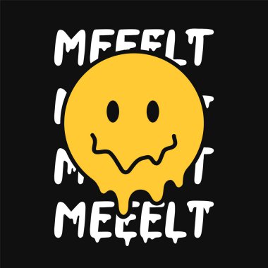 Gülen komik surat. Erimiş alıntı. Vektör el karalama karakteri çizimi. İzole kadın doğum, beyaz arka plan. Gülen yüz erimesi, asit, tişört, poster, kart konsepti...