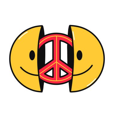 Gülümsemenin iki yarısı ve içinde barış işareti var. Vektör el karalama karakteri çizimi. Beyaz arka planda izole edilmiş. Gülen surat, hippi barış işareti tişört, poster, kart konsepti