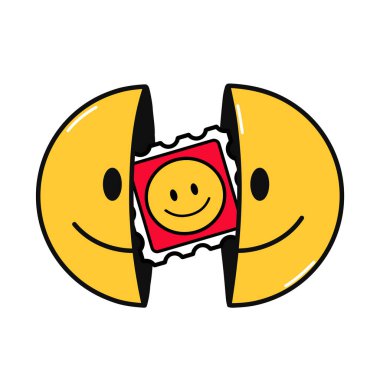 Gülümsemenin iki yarısı ve içinde LSD izi var. Vektör el karalama karakteri çizimi. Beyaz arka planda izole edilmiş. Gülen yüz, LSD, tişört, poster, kart konsepti için asit lekesi.