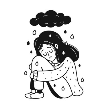 Kara bulutlar altında oturan üzgün, mutsuz genç bir kadın. Psikoloji, depresyon, kötü ruh hali, stres konsepti. Vektör karikatür el çizimi karakter çizim simgesi. Beyaz arkaplanda izole