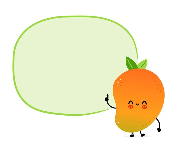 Lindo mango divertido fruta con caja de texto. Vector dibujado a mano caricatura kawaii carácter icono de la ilustración. Aislado sobre fondo blanco. Mango exótico bebé fruta carácter concepto — Vector de stock