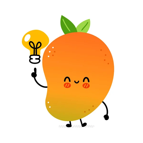 Cute śmieszne owoce mango z żarówki pomysł. Wektor ręcznie rysowane kreskówki ikona postaci kawaii ilustracji. Odizolowany na białym tle. Mango egzotyczne dziecko owoców koncepcji postaci — Wektor stockowy