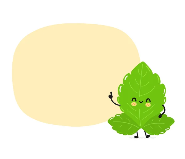 Lindo personaje divertido stevia hojas con cuadro de texto. Vector dibujado a mano simple dibujo plano de dibujos animados kawaii carácter icono de la ilustración. Aislado sobre fondo blanco. Stevia azúcar hojas dibujo animado carácter concepto — Archivo Imágenes Vectoriales