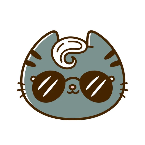 Bonito engraçado cara de gato pequeno bebê legal com óculos de sol. Vector mão desenhada desenho animado ícone de ilustração personagem kawaii. Isolado em fundo branco. Pet, gatinho, conceito de ícone de gato —  Vetores de Stock