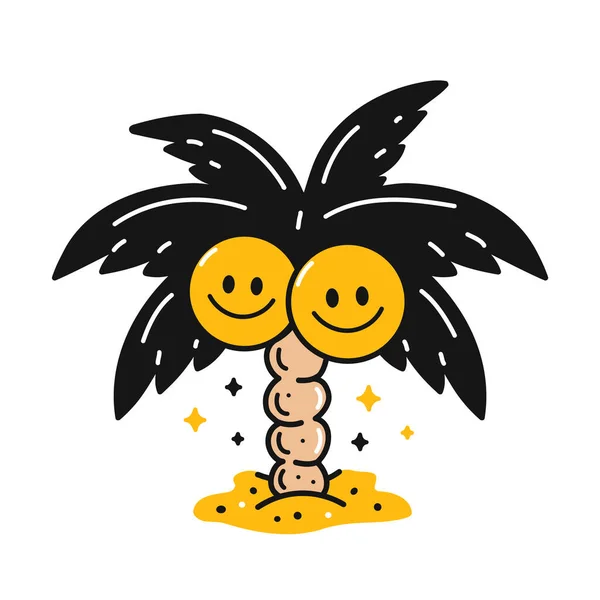 Пальмове дерево з кокосовим горіхом. Векторна ілюстрація персонажів мультфільмів у стилі каракулів. Ізольовані на білому тлі. Пальмовий, посмішковий дизайн обличчя для наклейки, презентації, футболки — стоковий вектор