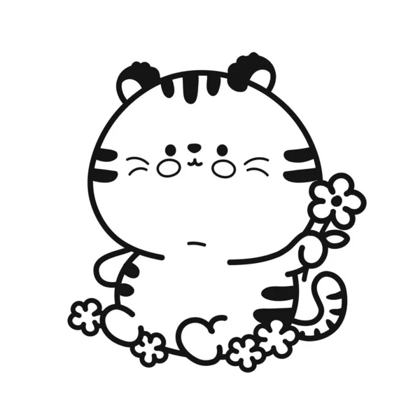 Милий смішний дитячий тигр з квітковим символом сторінки для розмальовки. Векторна рука намальована ілюстрація персонажа мультфільму Каваї. Ізольовані на білому тлі. Милий тигр мультфільм талісман концепція — стоковий вектор