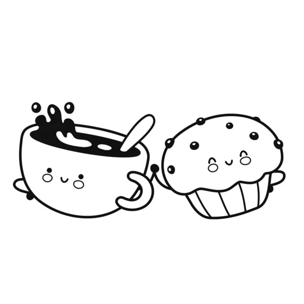 Cute szczęśliwy kubek kawy i babeczka ciasto kolorowanki. Wektor płaska linia kreskówki Kawaii postać ikona. Ręcznie rysowany styl ilustracji. Odizolowany na białym tle. Kawa i muffin kolorowanki strony książki — Wektor stockowy