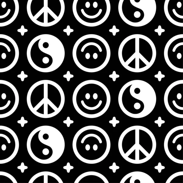 陰陽、平和ヒッピーのサインと笑顔がシームレスなパターンに直面しています。陰陽、笑顔の顔、ヒッピーの平和のシンボルシームレスなパターン壁紙プリントコンセプト — ストックベクタ