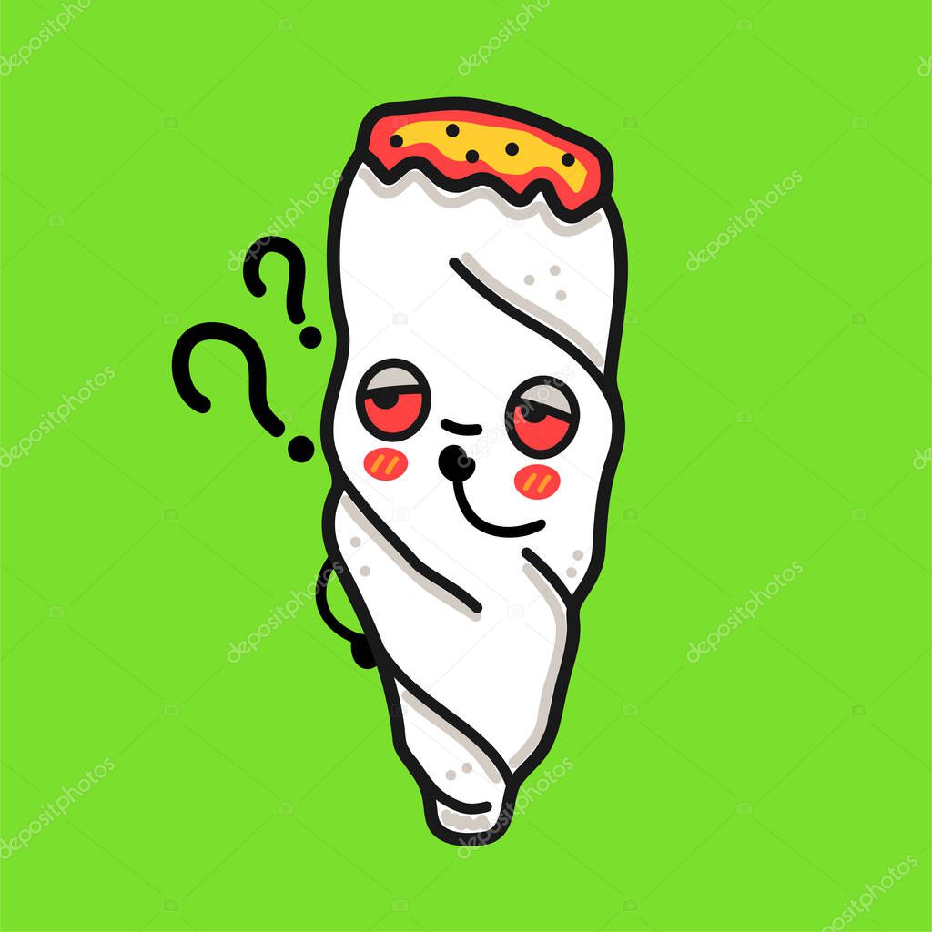 Cute funny weed joint character with question marks. Vector hand drawn cartoon kawaii character illustration icon. Weed,cannabis,marijuana joint cartoon mascot concept
