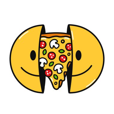 İçinde pizza olan gülümseyen iki yüz. Vektör el karalama karakteri çizimi. Beyaz arka planda izole edilmiş. Gülen surat, pizza dilimleri tişört, poster, kart konsepti