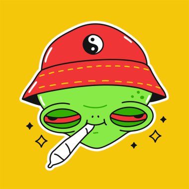 Funny alien with cannabis weed joint in mouth. Vector doodle cartoon character illustration design. Trippy high alien,marijuana,weed,cannabis print for poster, t-shirt concept clipart