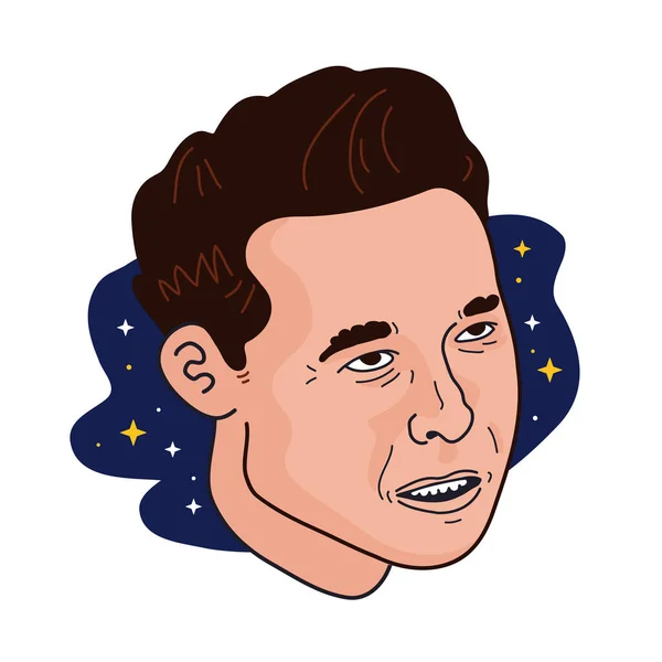 Híres alapító, vezérigazgató és vállalkozó Elon Musk vektor portré. Elszigetelve, fehér háttérrel. Elon pézsma vektor rajzfilm firka arc portré — Stock Vector