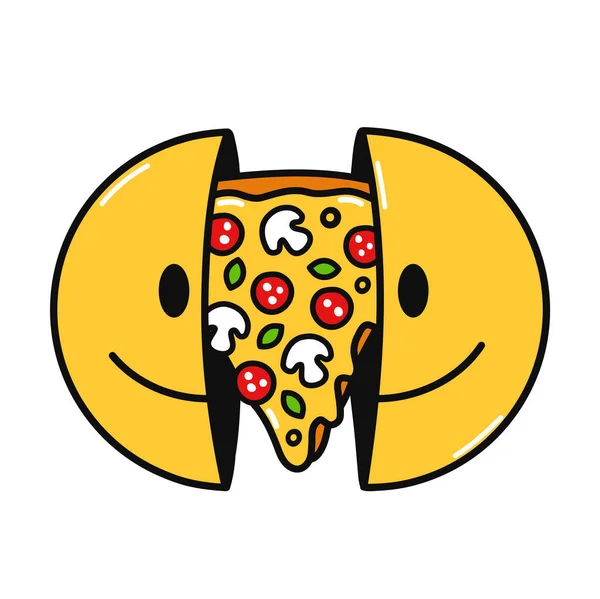 Due mezze facce sorridenti con dentro la pizza. Illustrazione del personaggio dei cartoni animati scarabocchi disegnati a mano vettoriale. Isolato su sfondo bianco. Viso sorridente, stampa fetta pizza per t-shirt, poster, concept card — Vettoriale Stock