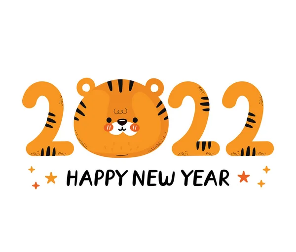 Söt rolig 2022 nyår symbol tiger. Vektor tecknad kawaii tecken illustration ikon. Isolerad på vit bakgrund. Tiger symbol för nyår 2022 tecken koncept — Stock vektor