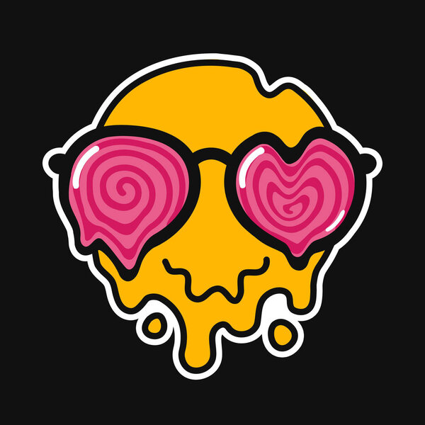 Смешная улыбка в гипнотических солнечных очках. Векторный рисунок рисунка каракули персонажа иллюстрации логотип. Макияж лица, плавление, кислота, техно, триппи-принт для футболки, плакат, концепция открытки