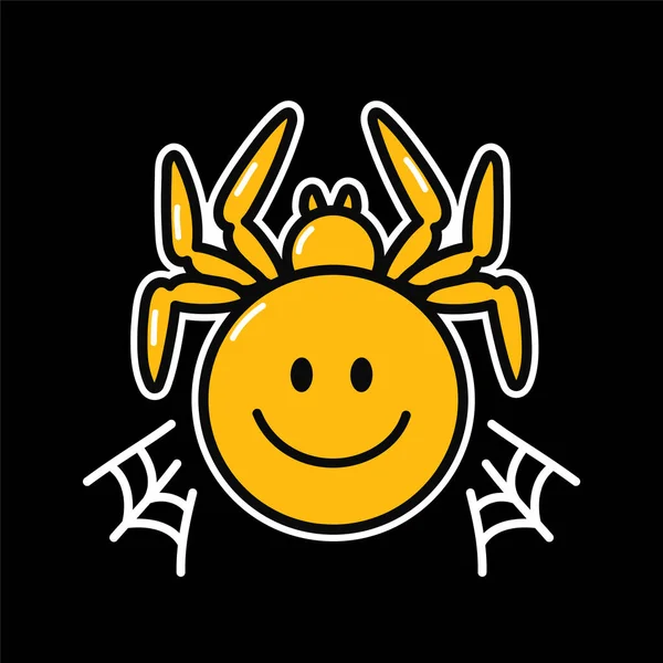 Psykedelisk edderkop smil ansigt karakter. Vector håndtegnet doodle tegneseriefigur illustration.Smile ansigt edderkop print til plakat, t-shirt koncept. Smiley glade ansigt edderkop, rædsel, halloween koncept – Stock-vektor