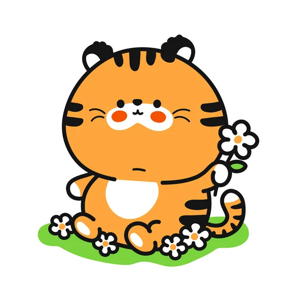 Милий смішний дитячий тигр з квітковим характером. Векторна рука намальована ілюстрація персонажа мультфільму Каваї. Ізольовані на білому тлі. Симпатичний тигр на траві концепція мультфільму талісман — стоковий вектор