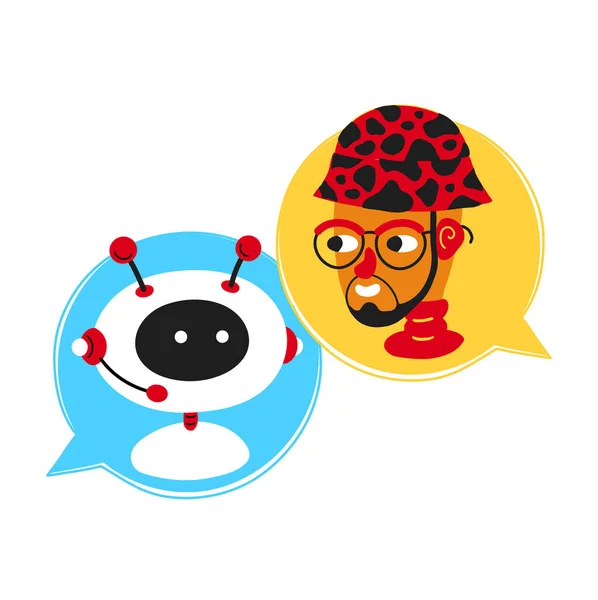Cute uśmiechnięty ai chat bot napisany z człowiekiem człowiek, Messenger App Screen.Vector płaska postać z kreskówki ilustracja ikona design.Isolated na białym tle.Chatbot, koncepcja robota, usługa pomocy dialogowej — Wektor stockowy