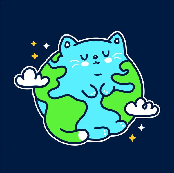 Söt rolig planet jorden katt karaktär. Vektor handritade klotter tecknad kawaii tecken illustration ikon. Söt jord, katt, kattunge tecknad maskot koncept — Stock vektor