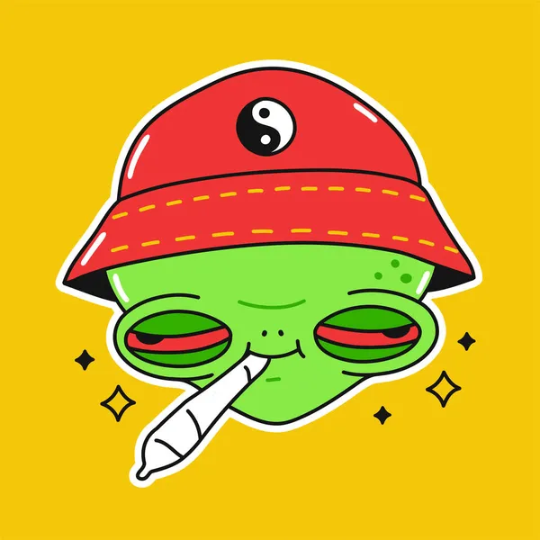 Vtipný mimozemšťan s marihuanou v puse. Vektorové kreslené kreslené postavičky ilustrační design. Trippy high alien, marihuana, plevel, potisk konopí na plakát, koncept trička — Stockový vektor