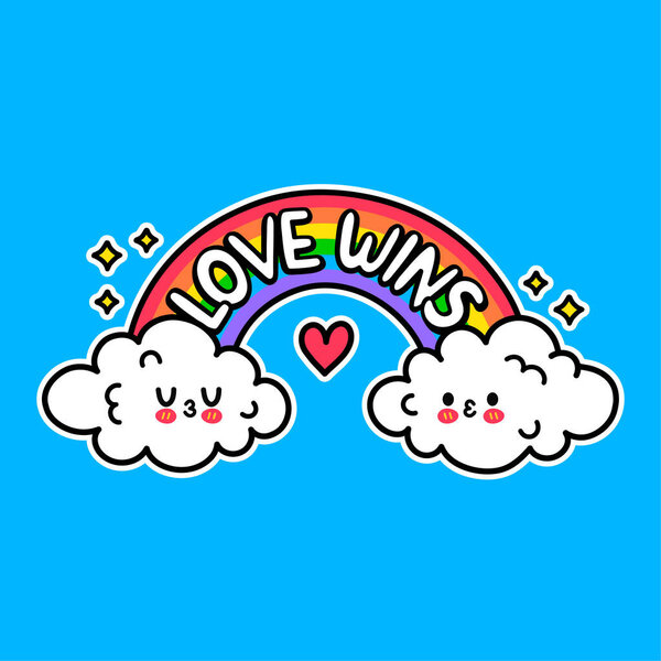 Two funny cute kiss clouds. Love wins slogan on rainbow. Vector hand drawn doodle cartoon illustration icon. Love wins,gay,lgby rights print for t-shirt,poster,card concept