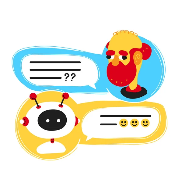 Lindo sonriente ai chat bot escrito con persona anciano, mensajero aplicación screen.Vector plana de dibujos animados carácter ilustración icono design.Isolated sobre fondo blanco.Chatbot, concepto de robot, servicio de ayuda de diálogo — Vector de stock