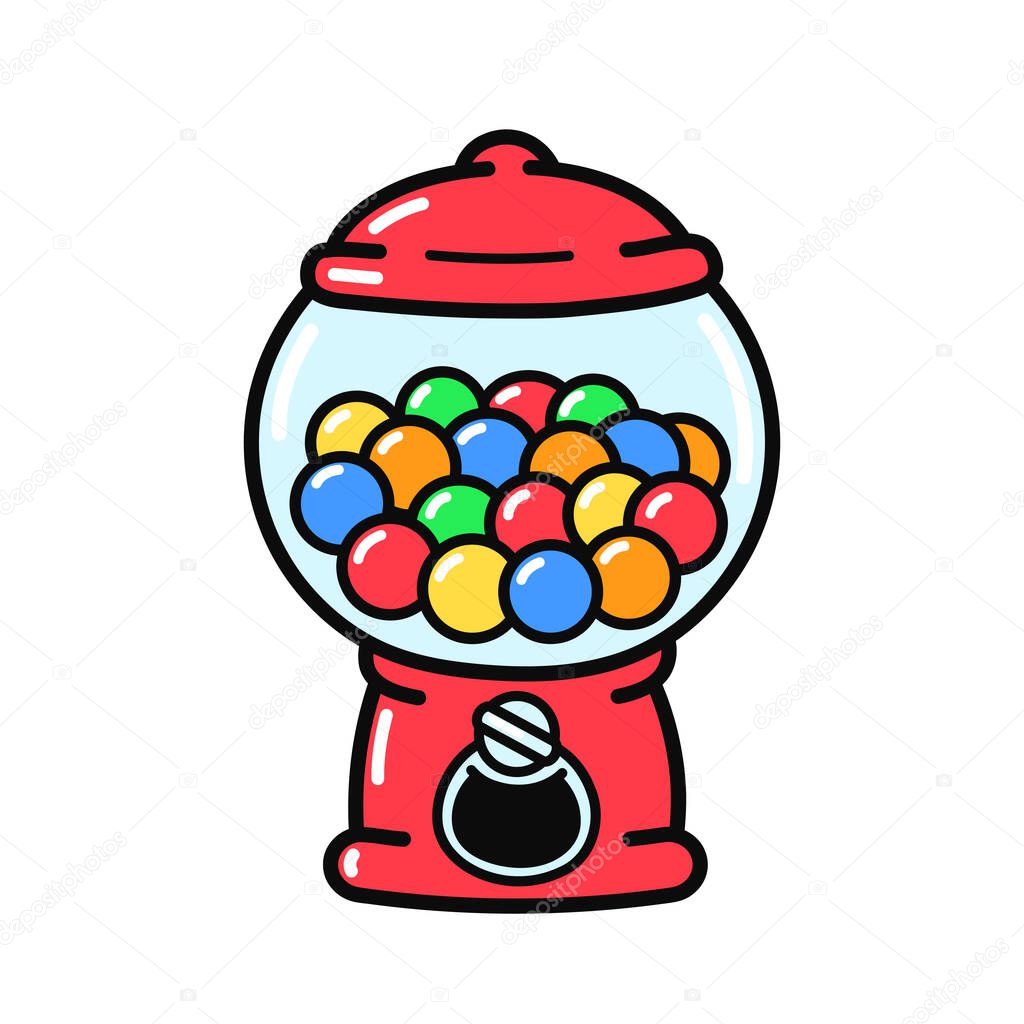 Cute funny old fashioned gumball machine. Vector hand drawn cartoon illustration icon. Isolated on white background. Candy,bubble gum dispenser machine logo concept