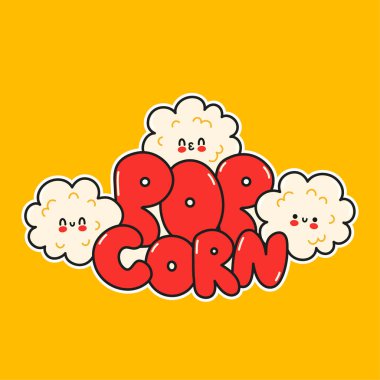 Şirin, mutlu, komik patlamış mısır logosu tasarımı. Vektör el çizimi çizgi film kawaii karakteri illüstrasyon logo simgesi. Sevimli, mutlu patlamış mısır çizgi film karakteri poster konsepti