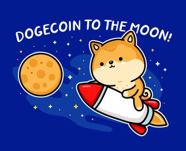 Sevimli komik akita inu dog Dogecoin karakteri roketle aya uçuyor. Dogecoin 'den Ay' a, Vector el çizimi çizgi film Kawaii karakteri çizimi. Vale parası, çizgi film karakteri konsepti.