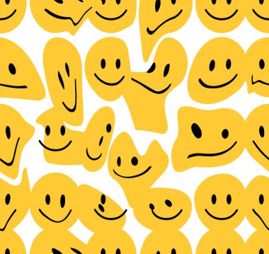 Komik erimiş gülümseme, kusursuz bir desen ile karşılaşıyor. Vektör el çizimi karalama karakteri çizimi. Gülen yüzler erir, asit, uçsuz bucaksız desenli duvar kağıdı baskı kavramı