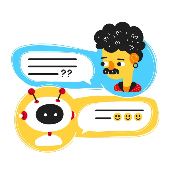 Leuke glimlach ai chat bot geschreven met persoon man, messenger app screen.Vector platte cartoon karakter illustratie icoon design.Isolated op witte achtergrond.Chatbot, robot concept, dialooghulp service — Stockvector