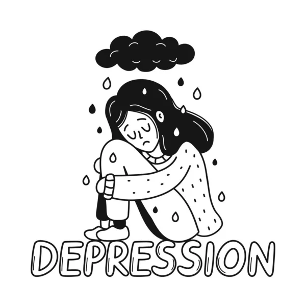 슬프고 불행 한 우울증에 빠진 젊은 여성 이 우울증 쿼터에 앉아 있습니다. 심리학, 기분나빠요, 스트레스 개념. 벡터 만화 낙서 손 그림 아이콘. 흰 배경에 고립됨 — 스톡 벡터