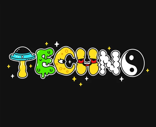 Techno λέξη, trippy ψυχεδελικά γράμματα στυλ.Vector χέρι που doodle εικονογράφηση λογότυπο κινουμένων σχεδίων.Αστεία δροσερό trippy γράμματα, Techno rave, κόμμα, οξύ εκτύπωσης μόδας για t-shirt, αφίσα έννοια — Διανυσματικό Αρχείο