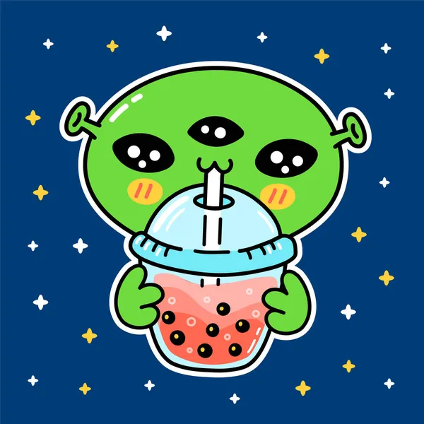 Linda bebida extraña divertida burbuja té de la taza. Vector dibujado a mano caricatura kawaii carácter ilustración etiqueta icono del logotipo. Asiático boba, burbuja té bebida dibujos animados carácter logo cartel concepto — Archivo Imágenes Vectoriales