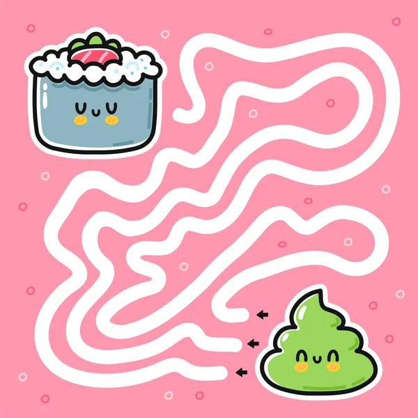 Roztomilý legrační labyrint bludiště hra. Pomozte wasabi najít sushi rolku. Labyrint pro děti. Vektor plochá čára karikatura kawaii znak ilustrace ikona — Stockový vektor