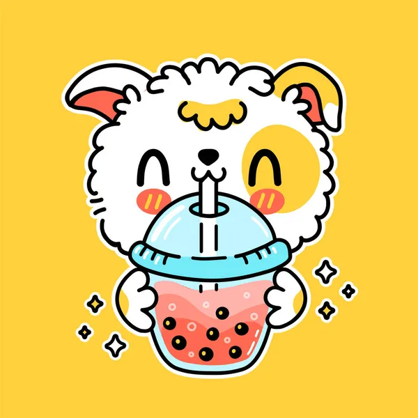 Lindo perro divertido beber té de burbuja de la taza. Vector dibujado a mano caricatura kawaii carácter ilustración etiqueta icono del logotipo. Asiático boba, cachorro perro y burbuja té bebida dibujos animados carácter cartel concepto — Archivo Imágenes Vectoriales