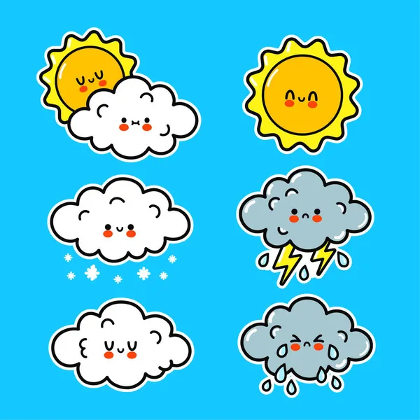 Милые веселые иконы погоды. Векторный рисунок иконки логотипа персонажа карикатуры кавайи. Симпатичные счастливые облака, солнце, дождь, снег, шторм — стоковый вектор