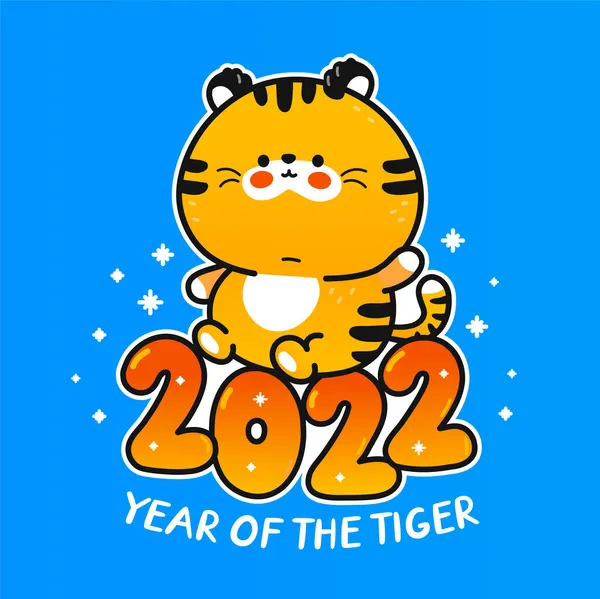 Söt rolig 2022 Nyår symbol tiger karaktär. Vektor tecknad klotter kawaii karaktär illustration banner. Tiger symbol för nyår 2022 tecken koncept — Stock vektor