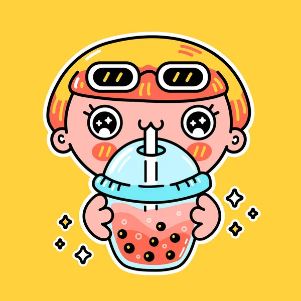 Linda chica divertida beber té de burbuja de la taza. Vector dibujado a mano caricatura kawaii carácter ilustración etiqueta icono del logotipo. Asiático boba, mujer y burbuja té bebida dibujos animados carácter cartel concepto — Archivo Imágenes Vectoriales