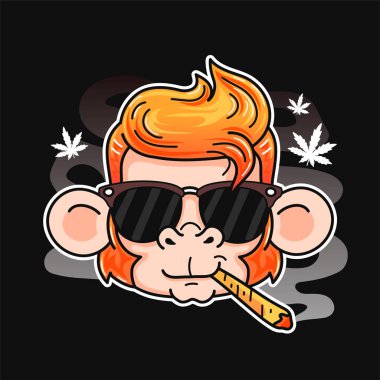 Cute smile funny monkey smoking weed joint. Vector cartoon character flat line illustration. Isolated on white background. Monkey, weed, cannabis, marijuana chill print design for poster, t-shirt clipart