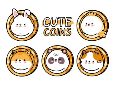 Sevimli komik bebek hayvan sikkeleri seti. Vektör el çizimi çizgi film Kawaii karakteri çizimi. Beyaz arka planda izole edilmiş. Köpek, kedi, kuş, panda, kedi, tavşan para karakter koleksiyonu konsepti